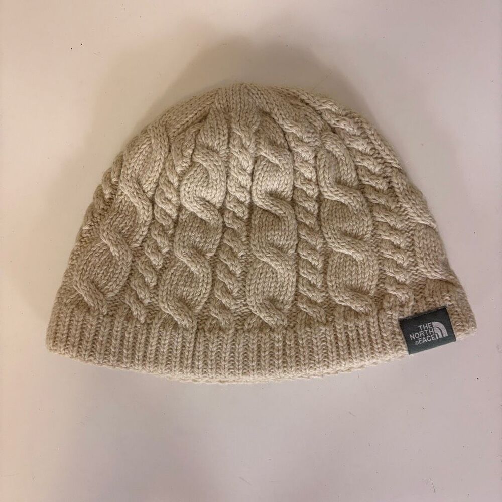 The North Face Cream Wool Blend Cable Knit Fleece‎ Lined Winter Hat Women's